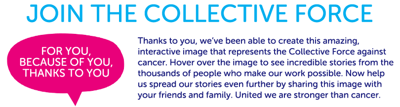 Thanks to you, we've been able to create this amazing, interactive image that represents the Collective Force against cancer. Hover over the image to see incredible stories from the thousands of people who make our work possible. Now help us spread our stories even further by sharing this image with your friends and family. United we are stronger than cancer.